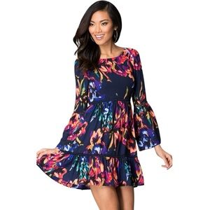 AS U WISH Tiered Mini Dress Psychedelic Dark Floral Bell Sleeve Whitchy Goth Y2K
